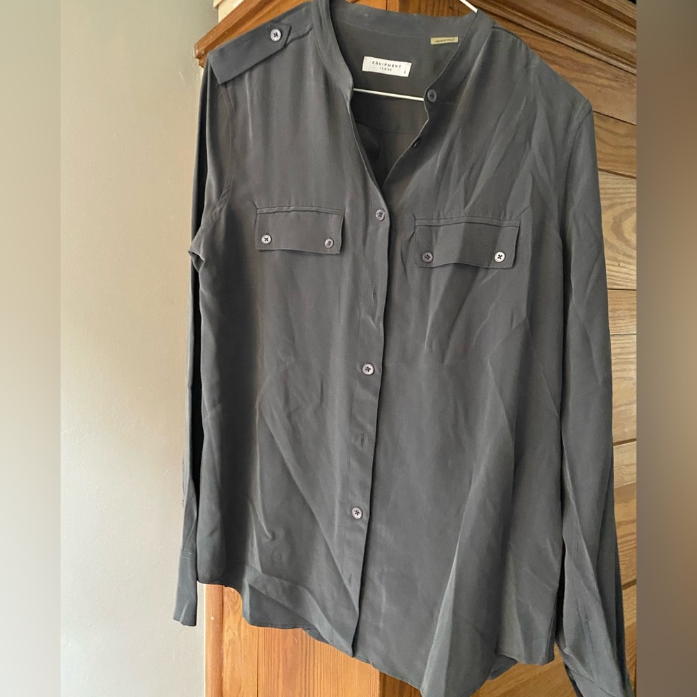 Equipment Gray Long Sleeve Mandarin Collar Blouse
